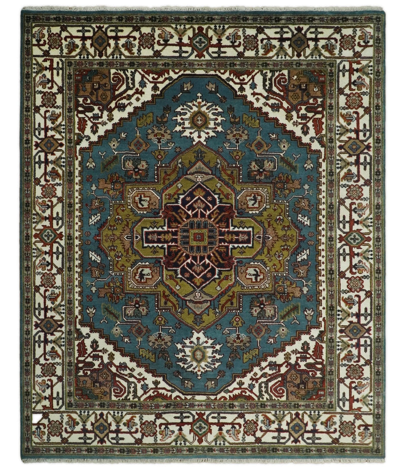 Hand Knotted 8x10 Blue and Ivory Traditional Vintage Persian Heriz Serapi Rug | TRDCP586810 - The Rug Decor