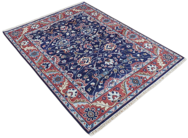 Hand Knotted 8x10 Blue and Rust Traditional Persian Oushak Area Rug | TRD2643 - The Rug Decor