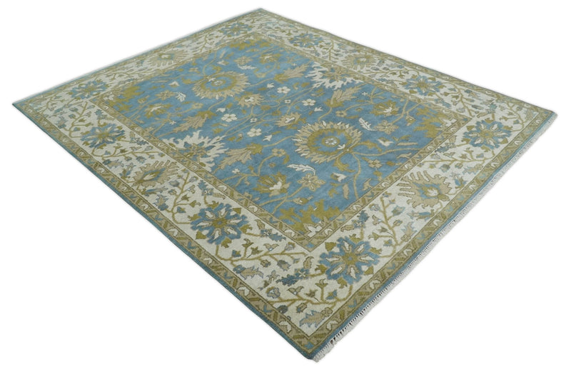 Hand Knotted 8x10 Blue, Ivory and Beige Traditional Persian Oushak Wool Rug | TRDCP1112810 - The Rug Decor