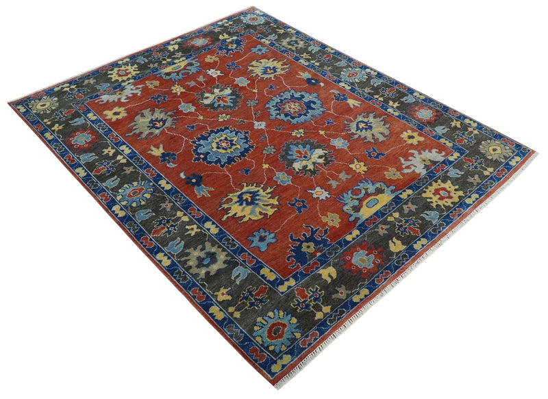 Hand Knotted 8x10 Brown, Blue and Charcoal vibrant colorful Traditional Oushak Wool Area Rug - The Rug Decor