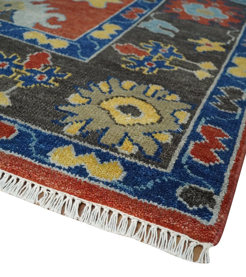Hand Knotted 8x10 Brown, Blue and Charcoal vibrant colorful Traditional Oushak Wool Area Rug - The Rug Decor