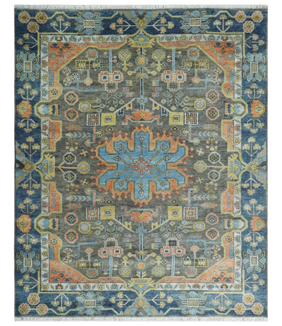 Hand Knotted 8x10 Charcoal, Rust and Blue Traditional Heriz Serapi Wool Area Rug - The Rug Decor