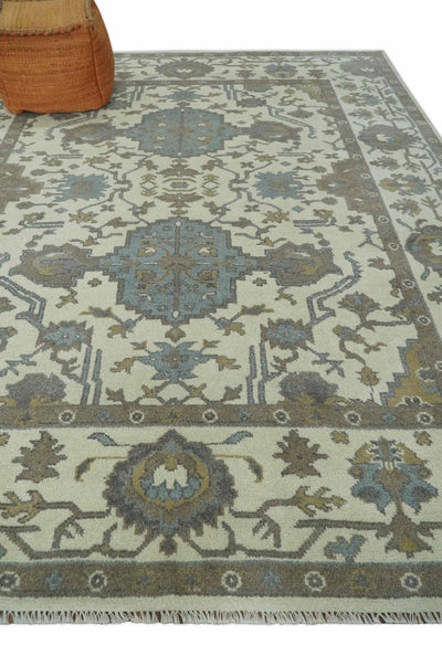 Hand Knotted 8x10 Ivory and Brown Oushak Persian Wool Area Rug | TRDCP1137810 - The Rug Decor