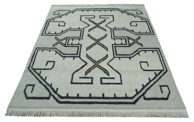 Hand Knotted 8x10 Ivory and Charcoal Wool Traditional Tribal Art Antique South Western Rug | TRDCP1292810 - The Rug Decor