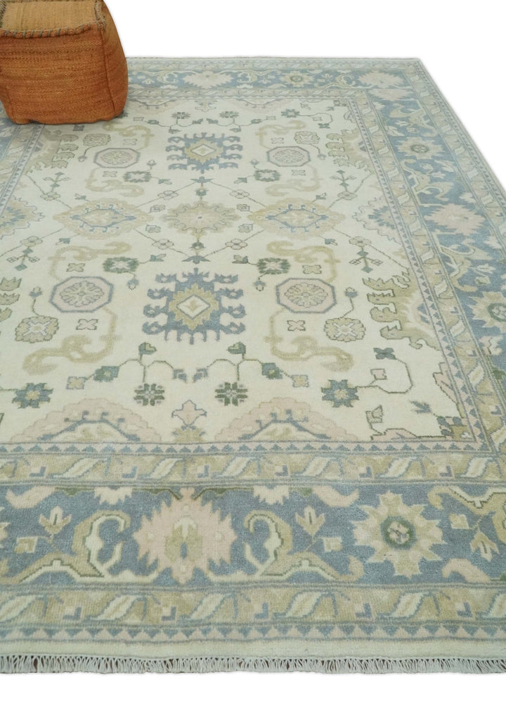 Hand Knotted 8x10 Ivory, Blue and Beige Antique Oushak Persian Wool Area Rug | TRDCP1145810 - The Rug Decor