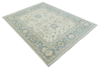 Hand Knotted 8x10 Ivory, Blue and Beige Antique Oushak Persian Wool Area Rug | TRDCP1145810 - The Rug Decor