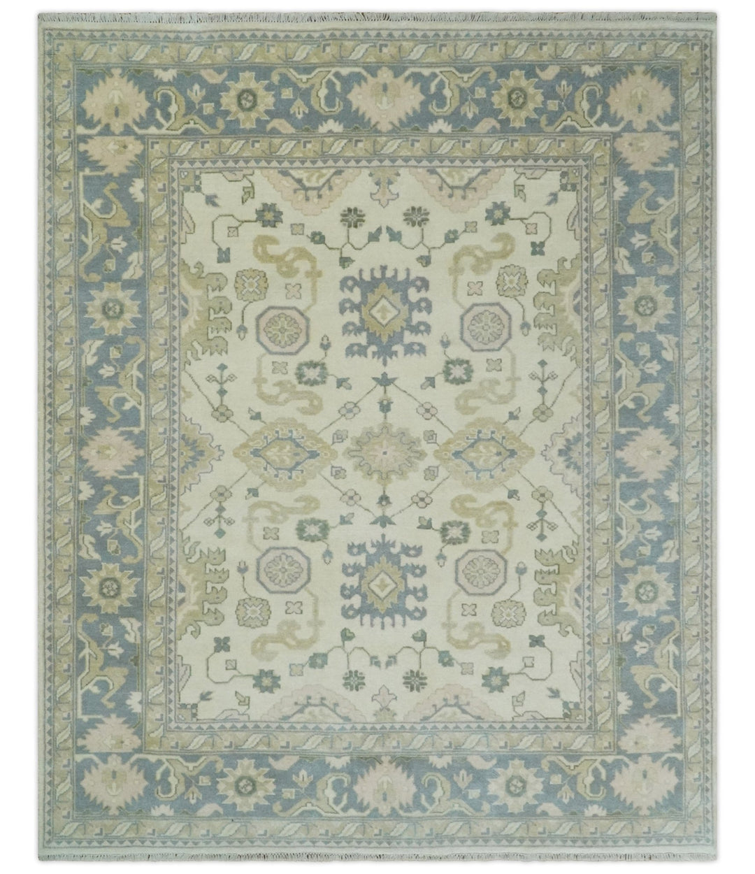 Hand Knotted 8x10 Ivory, Blue and Beige Antique Oushak Persian Wool Area Rug | TRDCP1145810 - The Rug Decor