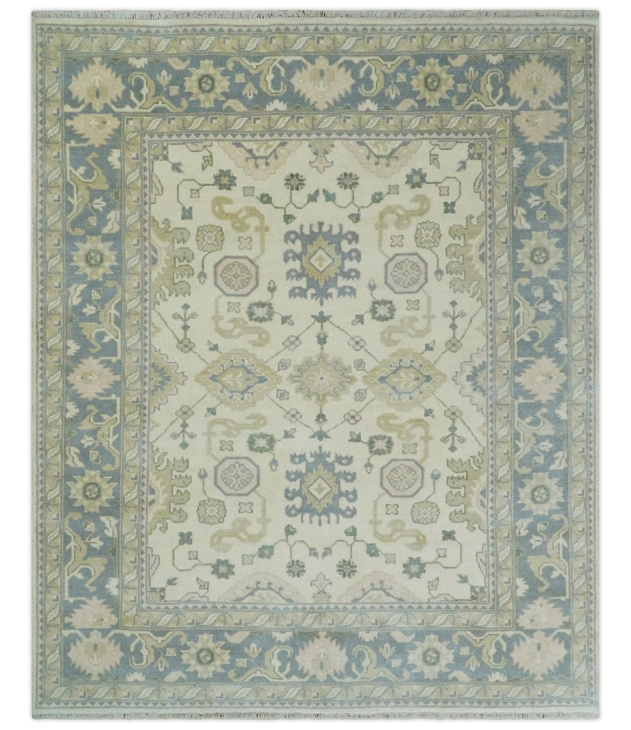 Hand Knotted 8x10 Ivory, Blue and Beige Antique Oushak Persian Wool Area Rug | TRDCP1145810 - The Rug Decor