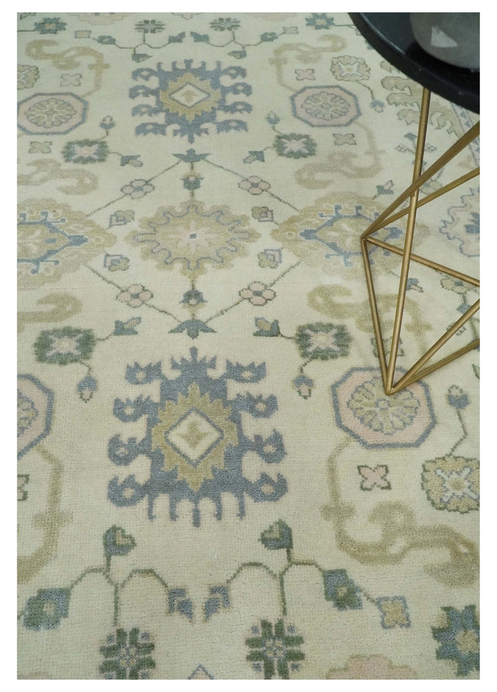 Hand Knotted 8x10 Ivory, Blue and Beige Antique Oushak Persian Wool Area Rug | TRDCP1145810 - The Rug Decor