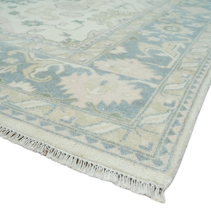 Hand Knotted 8x10 Ivory, Blue and Beige Antique Oushak Persian Wool Area Rug | TRDCP1145810 - The Rug Decor