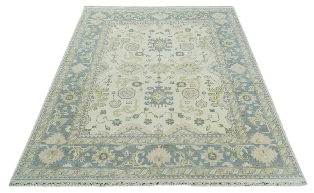 Hand Knotted 8x10 Ivory, Blue and Beige Antique Oushak Persian Wool Area Rug | TRDCP1145810 - The Rug Decor