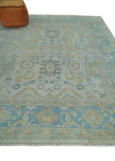 Hand Knotted 8x10 Ivory, Blue and Beige Floral Oushak Persian Wool Area Rug | TRDCP1174810 - The Rug Decor