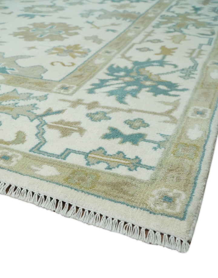 Hand Knotted 8x10 Ivory, Blue and Brown Floral Oushak Persian Wool Area Rug | TRDCP1075810 - The Rug Decor