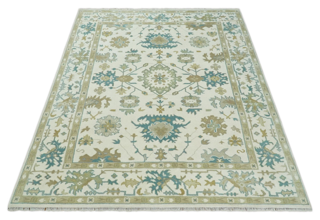 Hand Knotted 8x10 Ivory, Blue and Brown Floral Oushak Persian Wool Area Rug | TRDCP1075810 - The Rug Decor