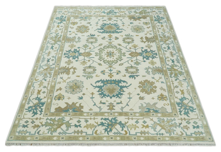 Hand Knotted 8x10 Ivory, Blue and Brown Floral Oushak Persian Wool Area Rug | TRDCP1075810 - The Rug Decor