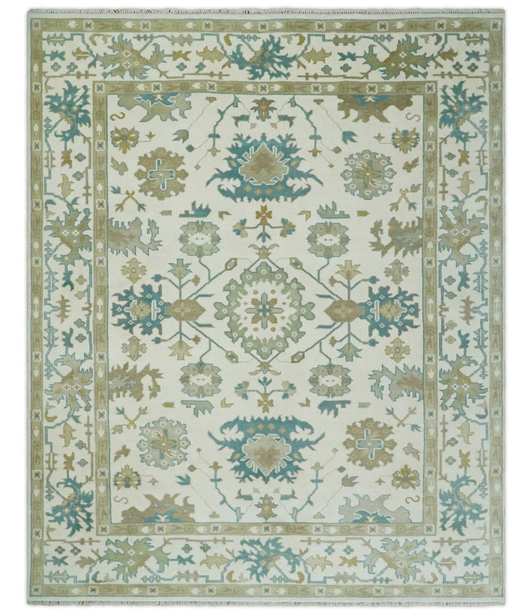 Hand Knotted 8x10 Ivory, Blue and Brown Floral Oushak Persian Wool Area Rug | TRDCP1075810 - The Rug Decor