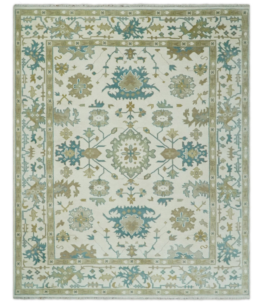 Hand Knotted 8x10 Ivory, Blue and Brown Floral Oushak Persian Wool Area Rug | TRDCP1075810 - The Rug Decor
