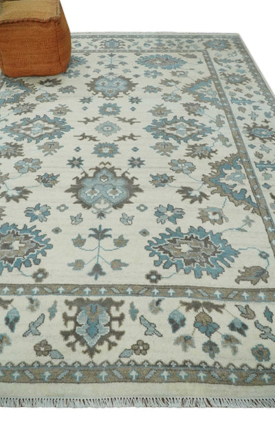 Hand Knotted 8x10 Ivory, Blue and Brown Traditional Oushak Persian Wool Area Rug | TRDCP1142810 - The Rug Decor