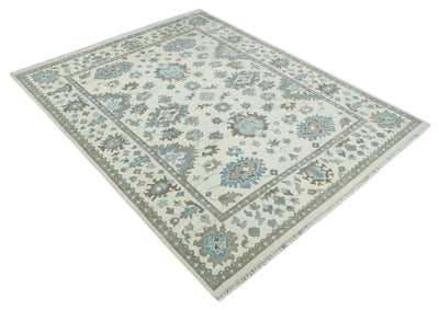 Hand Knotted 8x10 Ivory, Blue and Brown Traditional Oushak Persian Wool Area Rug | TRDCP1142810 - The Rug Decor