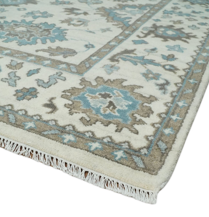 Hand Knotted 8x10 Ivory, Blue and Brown Traditional Oushak Persian Wool Area Rug | TRDCP1142810 - The Rug Decor