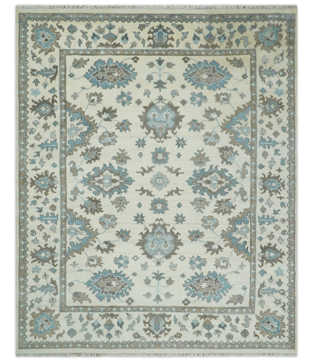 Hand Knotted 8x10 Ivory, Blue and Brown Traditional Oushak Persian Wool Area Rug | TRDCP1142810 - The Rug Decor