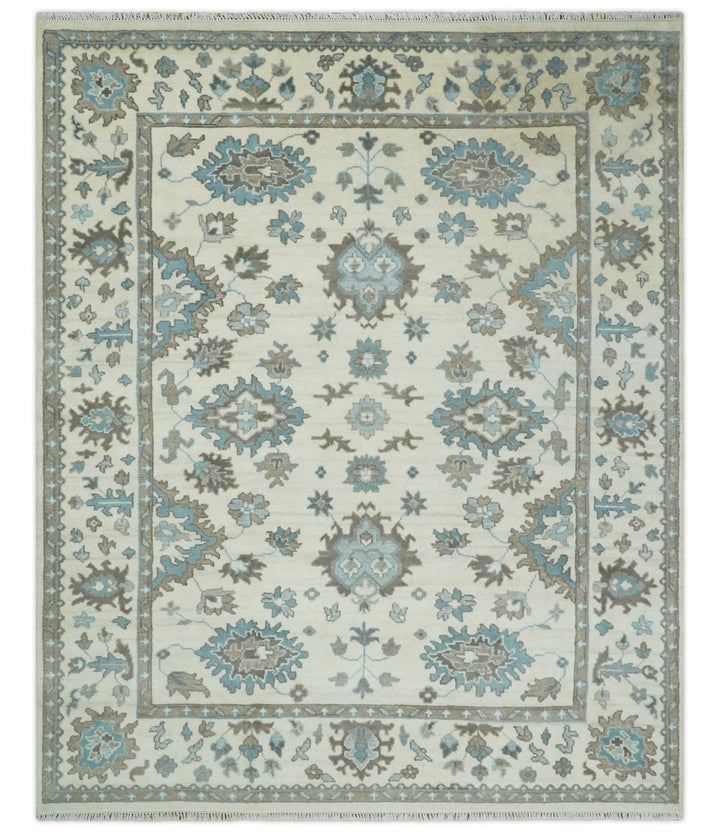 Hand Knotted 8x10 Ivory, Blue and Brown Traditional Oushak Persian Wool Area Rug | TRDCP1142810 - The Rug Decor