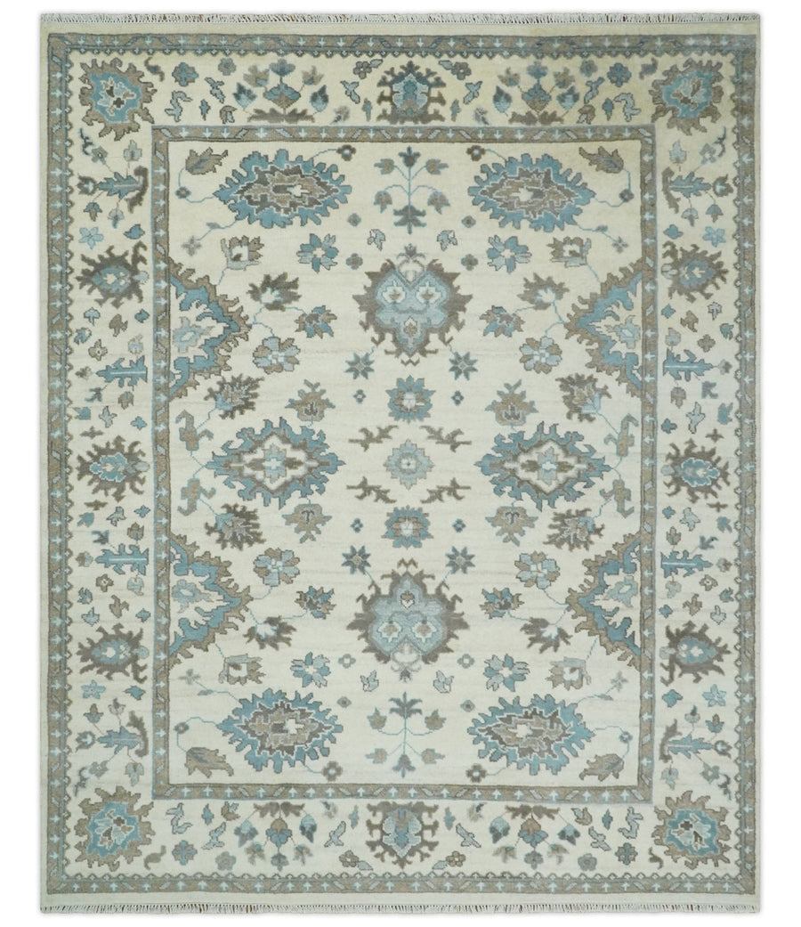 Hand Knotted 8x10 Ivory, Blue and Brown Traditional Oushak Persian Wool Area Rug | TRDCP1142810 - The Rug Decor