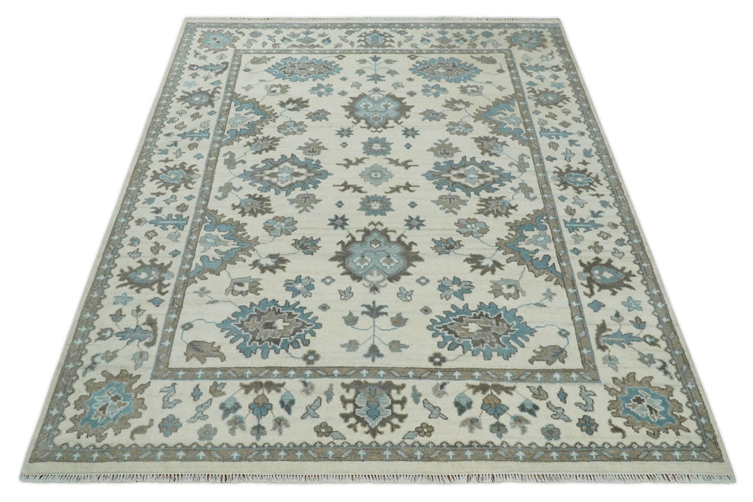 Hand Knotted 8x10 Ivory, Blue and Brown Traditional Oushak Persian Wool Area Rug | TRDCP1142810 - The Rug Decor