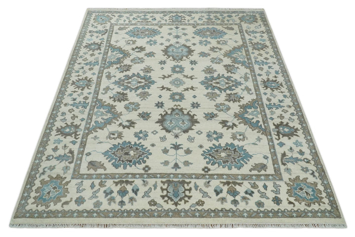Hand Knotted 8x10 Ivory, Blue and Brown Traditional Oushak Persian Wool Area Rug | TRDCP1142810 - The Rug Decor