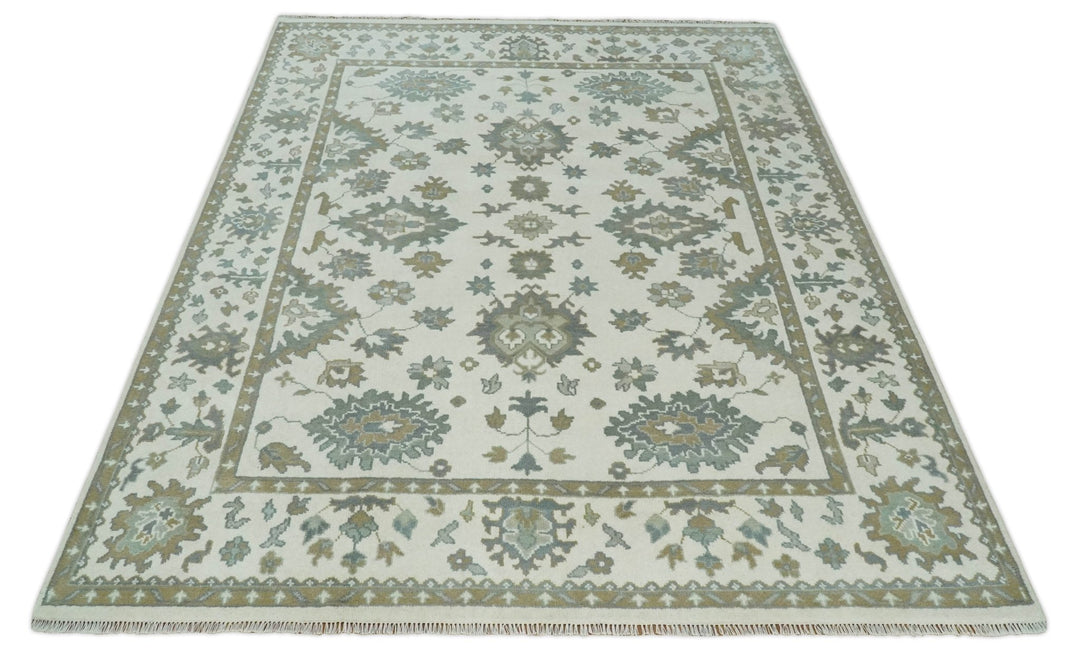 Hand Knotted 8x10 Ivory, Brown and Aqua Antique Oushak Persian Wool Area Rug | TRDCP1172810 - The Rug Decor