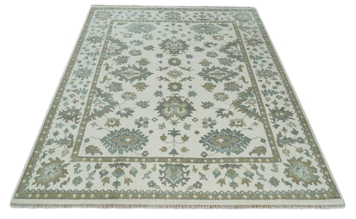 Hand Knotted 8x10 Ivory, Brown and Aqua Antique Oushak Persian Wool Area Rug | TRDCP1172810 - The Rug Decor