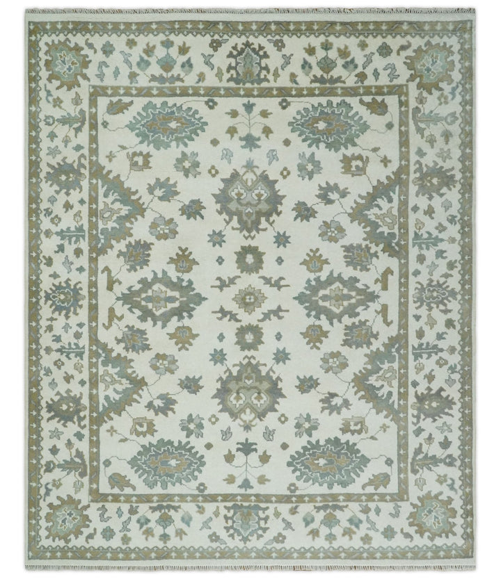 Hand Knotted 8x10 Ivory, Brown and Aqua Antique Oushak Persian Wool Area Rug | TRDCP1172810 - The Rug Decor