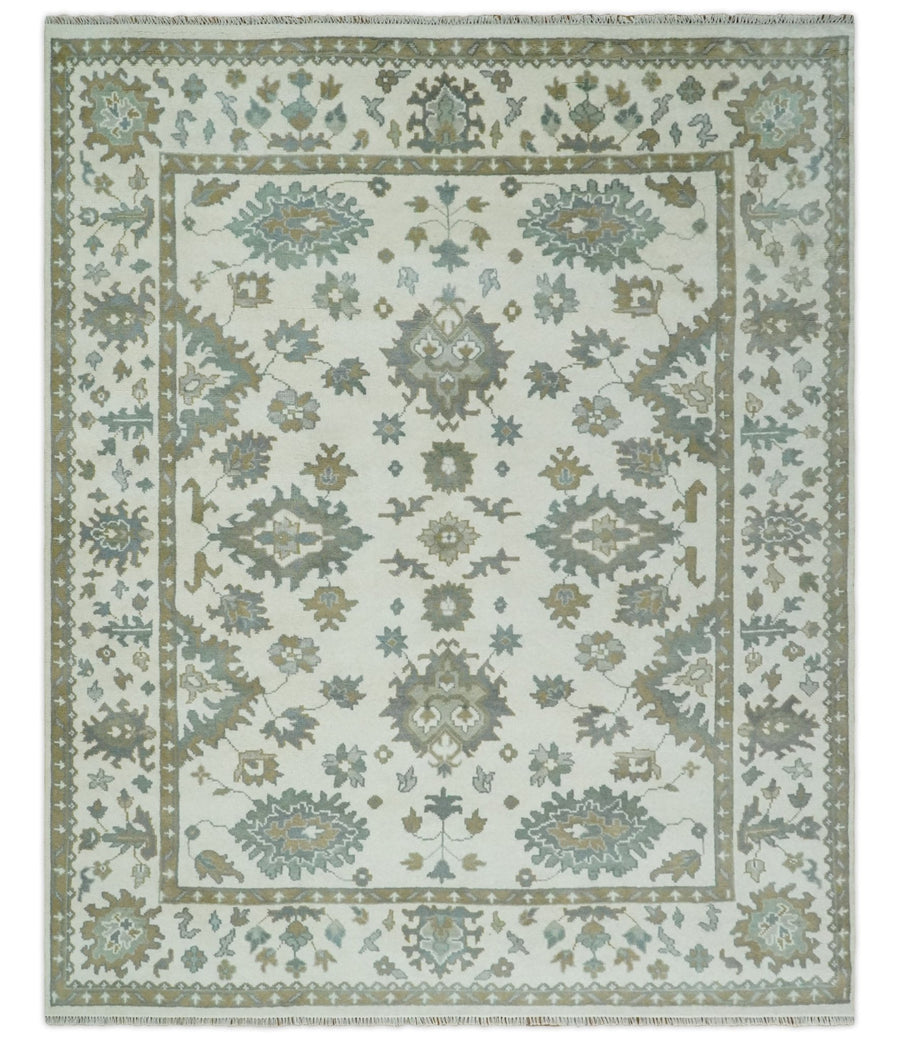 Hand Knotted 8x10 Ivory, Brown and Aqua Antique Oushak Persian Wool Area Rug | TRDCP1172810 - The Rug Decor