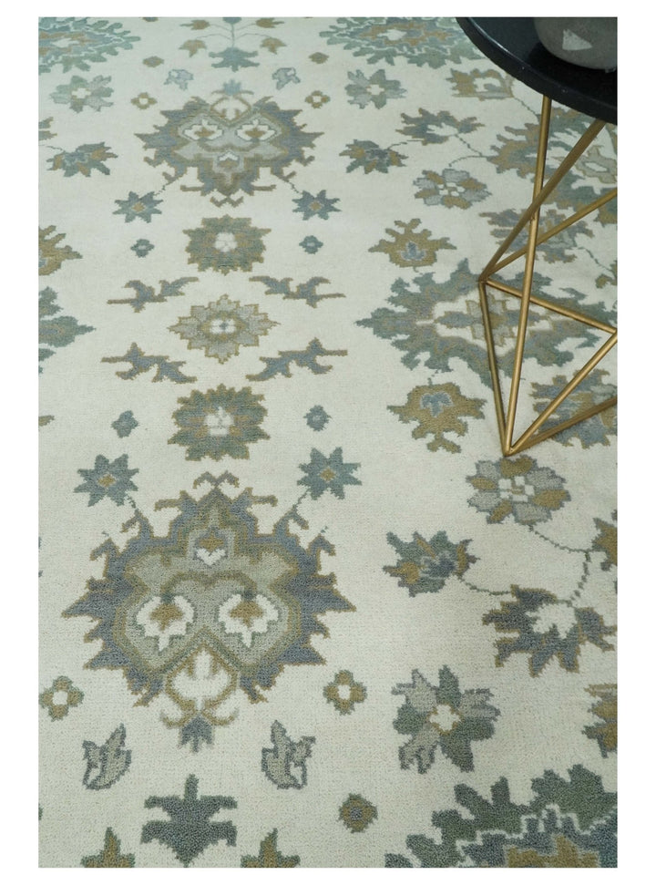 Hand Knotted 8x10 Ivory, Brown and Aqua Antique Oushak Persian Wool Area Rug | TRDCP1172810 - The Rug Decor