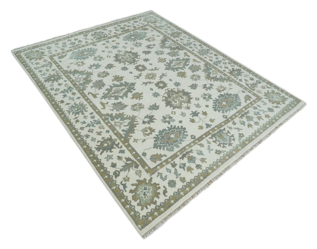 Hand Knotted 8x10 Ivory, Brown and Aqua Antique Oushak Persian Wool Area Rug | TRDCP1172810 - The Rug Decor
