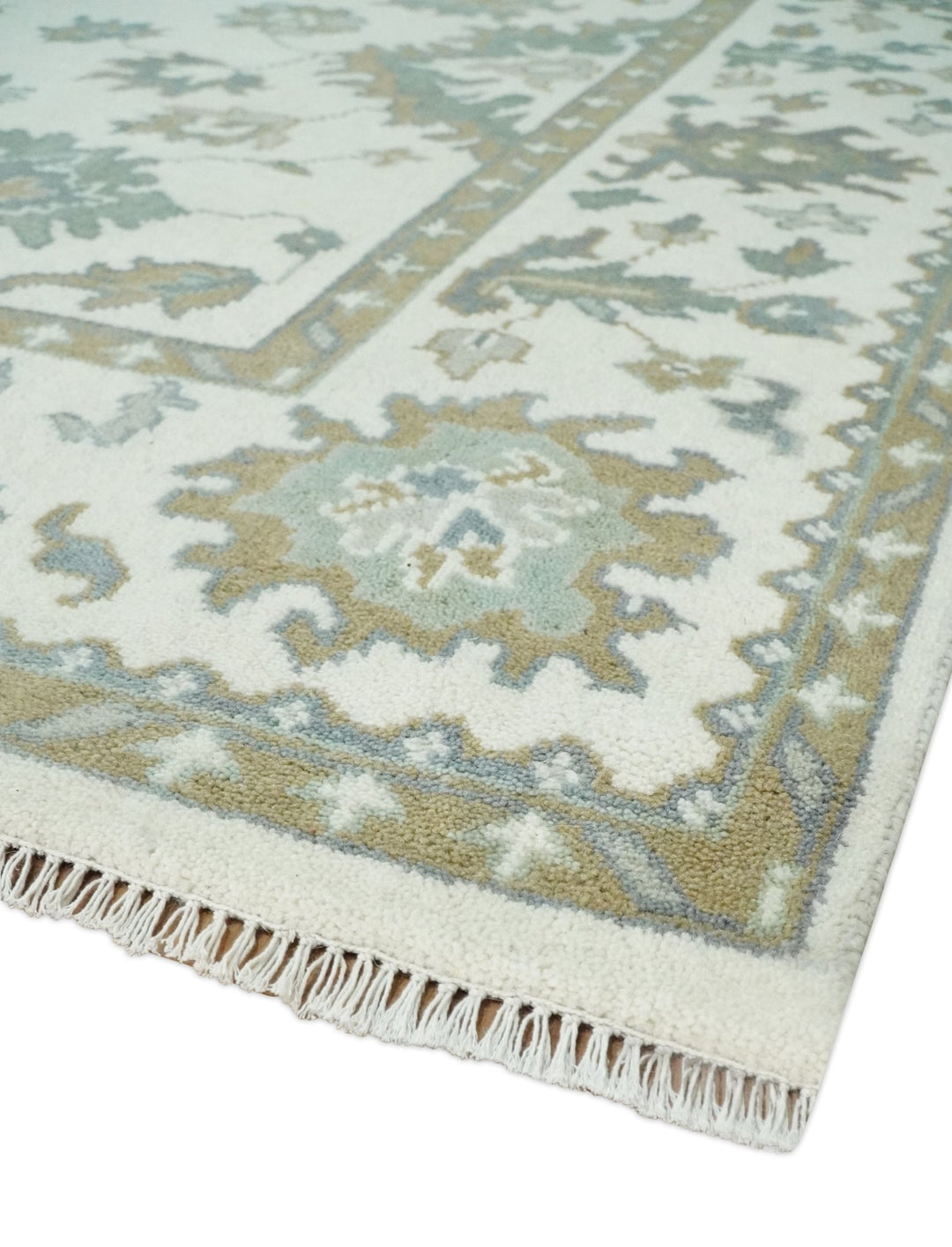 Hand Knotted 8x10 Ivory, Brown and Aqua Antique Oushak Persian Wool Area Rug | TRDCP1172810 - The Rug Decor