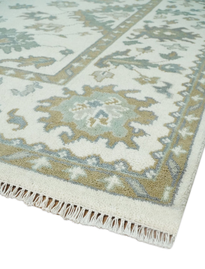 Hand Knotted 8x10 Ivory, Brown and Aqua Antique Oushak Persian Wool Area Rug | TRDCP1172810 - The Rug Decor