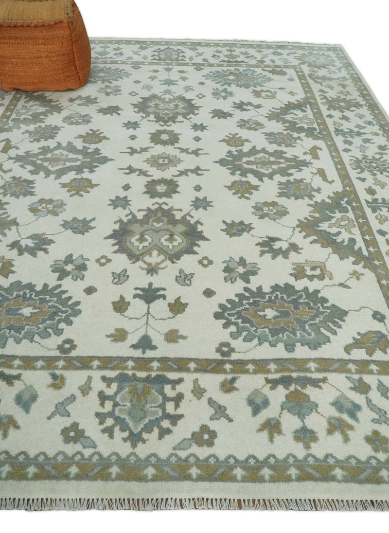 Hand Knotted 8x10 Ivory, Brown and Aqua Antique Oushak Persian Wool Area Rug | TRDCP1172810 - The Rug Decor
