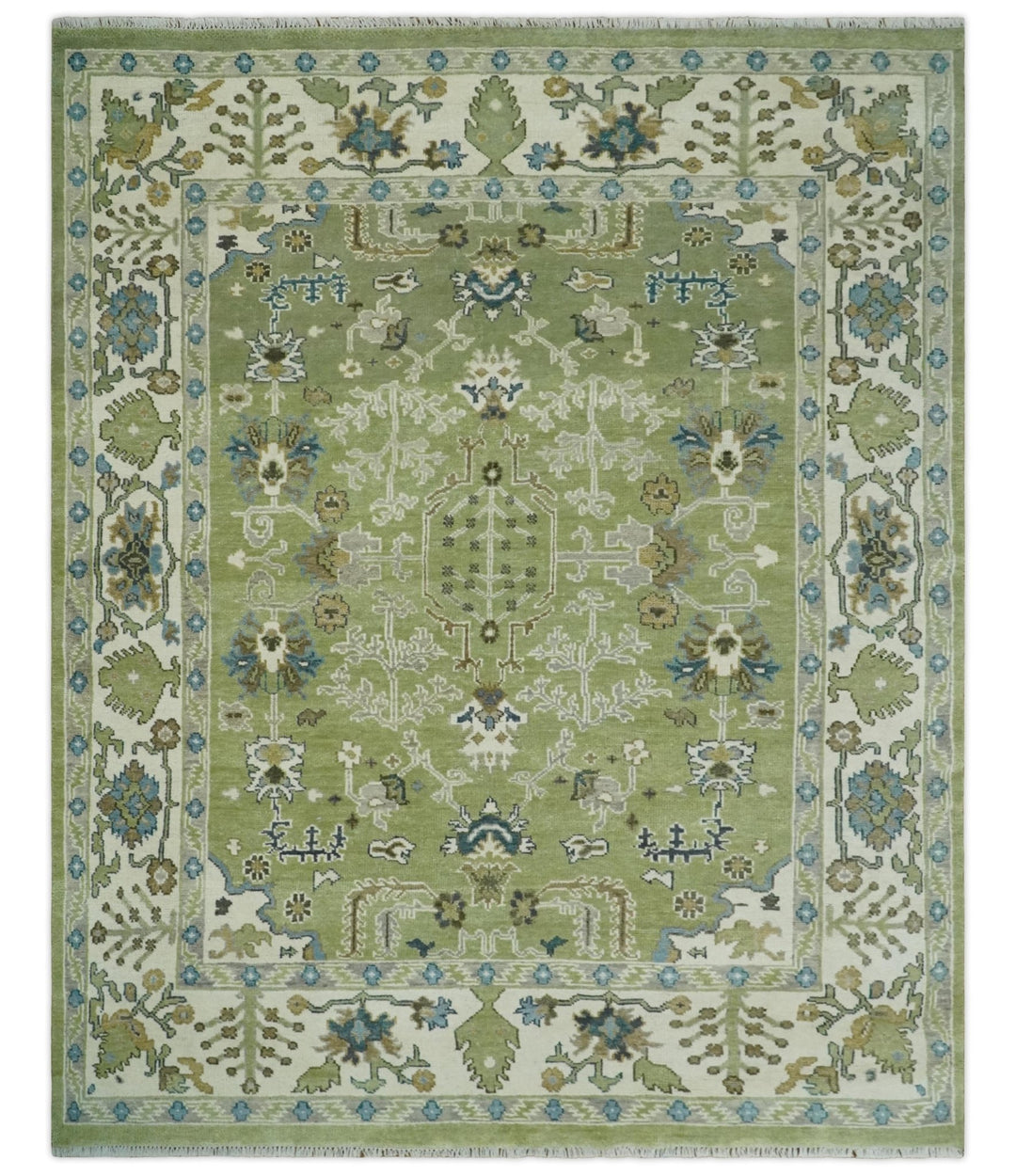 Hand Knotted 8x10 Light Green, Ivory and Silver Traditional Turkish Antique Style Wool Area Rug - The Rug Decor