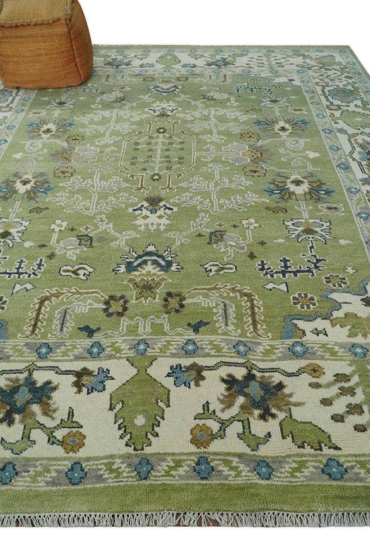 Hand Knotted 8x10 Light Green, Ivory and Silver Traditional Turkish Antique Style Wool Area Rug - The Rug Decor