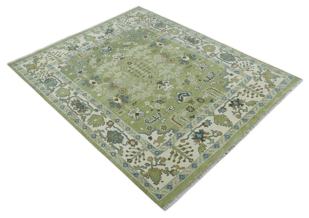 Hand Knotted 8x10 Light Green, Ivory and Silver Traditional Turkish Antique Style Wool Area Rug - The Rug Decor