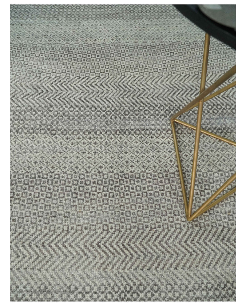 Hand Knotted 8x10 Modern Geometric Trellis Scandinavian Charcoal, Silver and Ivory Wool Area Rug - The Rug Decor