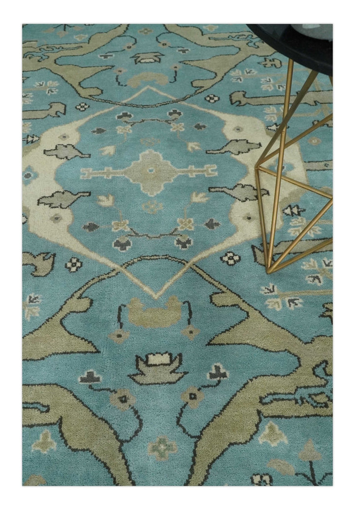 Hand Knotted 8x10 Oriental Oushak Aqua and Beige Wool Area Rug | TRDCP1194810 - The Rug Decor