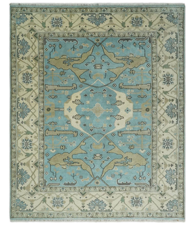 Hand Knotted 8x10 Oriental Oushak Aqua and Beige Wool Area Rug | TRDCP1194810 - The Rug Decor