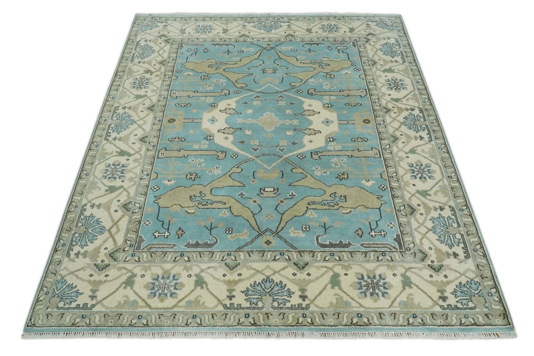 Hand Knotted 8x10 Oriental Oushak Aqua and Beige Wool Area Rug | TRDCP1194810 - The Rug Decor