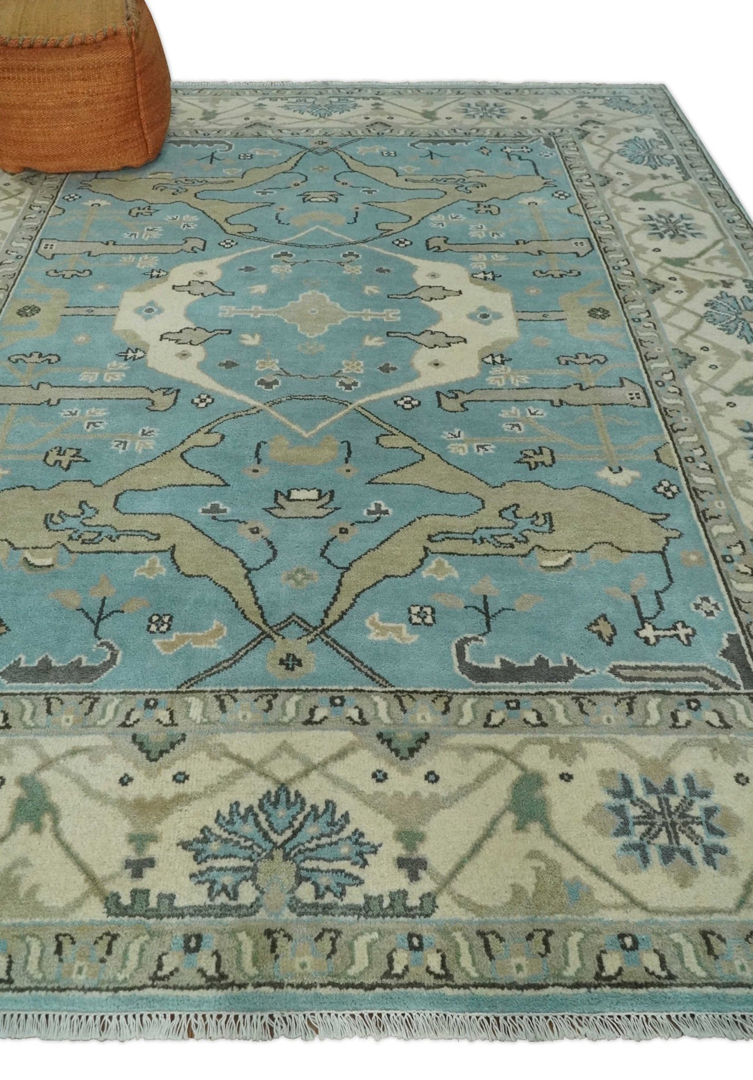 Hand Knotted 8x10 Oriental Oushak Aqua and Beige Wool Area Rug | TRDCP1194810 - The Rug Decor