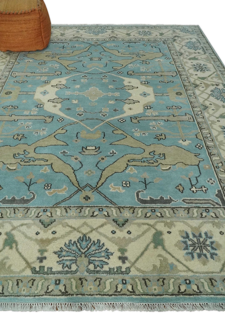Hand Knotted 8x10 Oriental Oushak Aqua and Beige Wool Area Rug | TRDCP1194810 - The Rug Decor