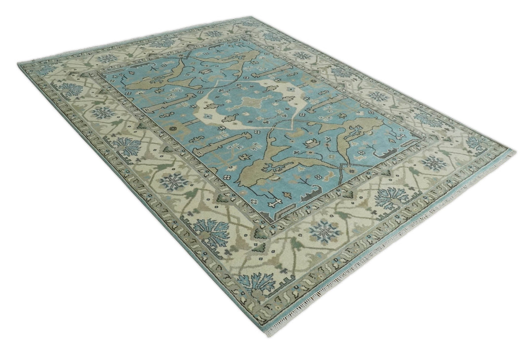 Hand Knotted 8x10 Oriental Oushak Aqua and Beige Wool Area Rug | TRDCP1194810 - The Rug Decor