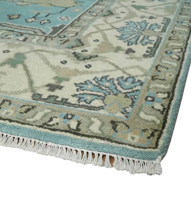 Hand Knotted 8x10 Oriental Oushak Aqua and Beige Wool Area Rug | TRDCP1194810 - The Rug Decor