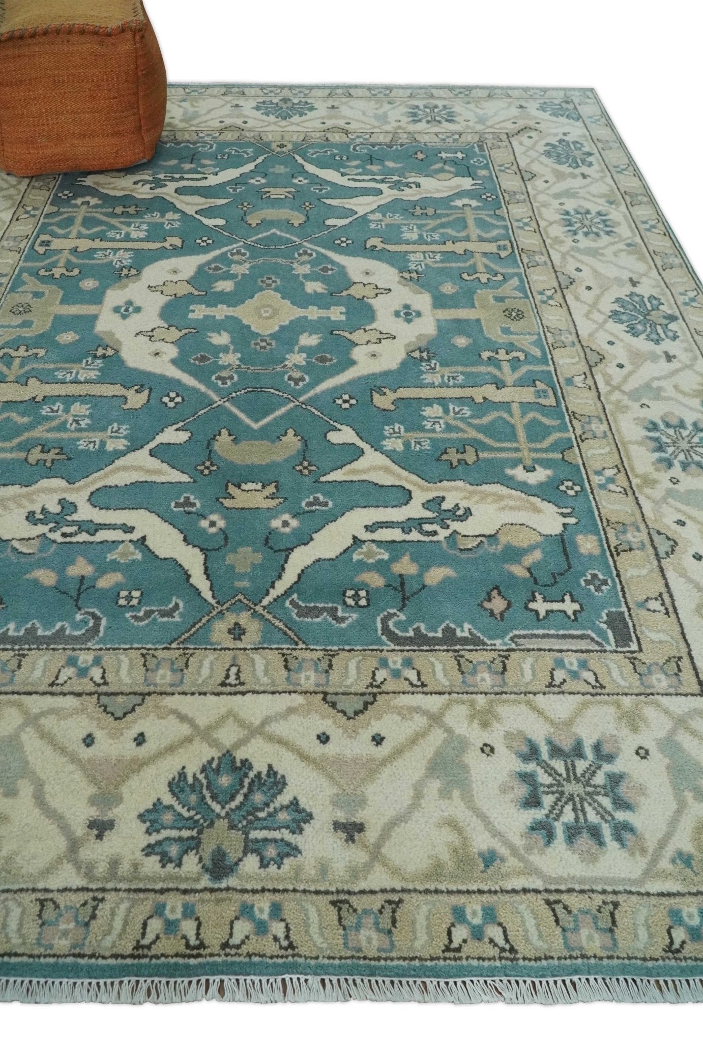 Hand Knotted 8x10 Oriental Oushak Aqua and Beige Wool Area Rug | TRDCP1200810 - The Rug Decor